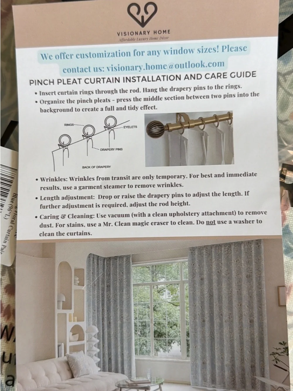 Visionary Home Blue Gray Floral Linen Curtains - Pinch Pleat, 2 Panels